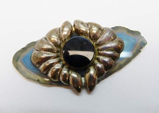 Taxco Mexico 925 Modernist Faux Onyx Circle Puffed Ridged Chunky Brooch 22g image number 1