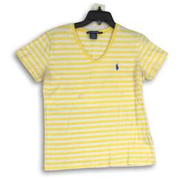 Ralph Lauren Womens Yellow White Striped V-Neck Pullover T-Shirt Size Large