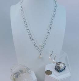 Romantic Sterling Silver Faux Pearl Necklaces Ring & Earrings w/ Chain Bracelet 20.0g