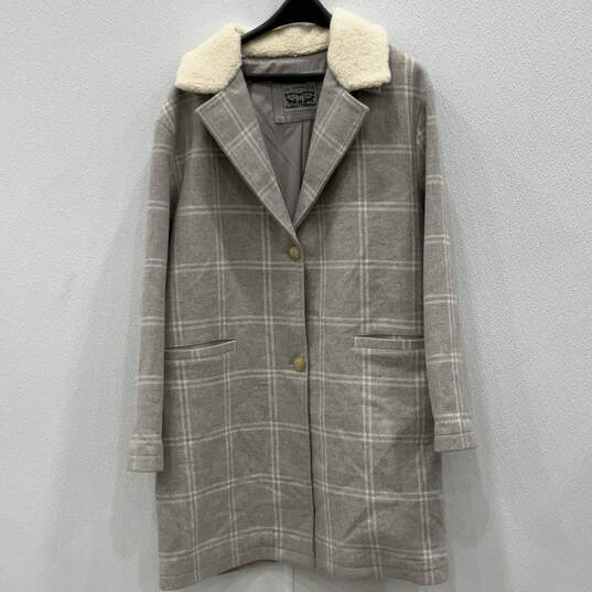 Womens Gray Plaid Sherpa Notch Collar Long Sleeve Overcoat Jacket Size XL image number 1