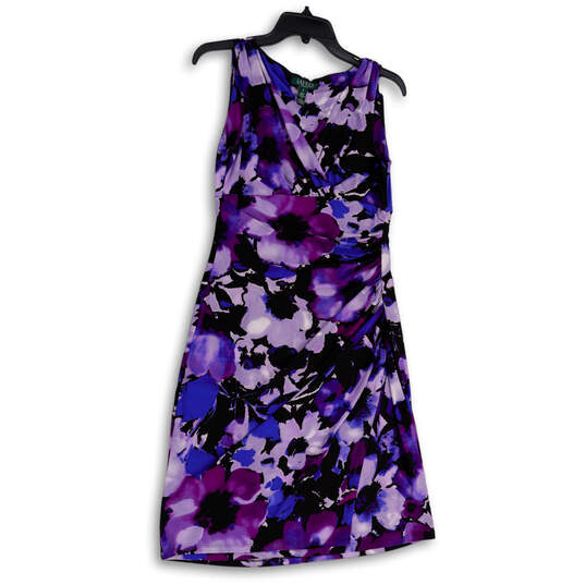 Womens Purple Floral Sleeveless V-Neck Ruched Knee Length Wrap Dress Size 8 image number 1