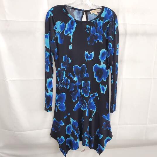 Michael Kors Black Blue Handkerchief Hem Long Sleeve Dress Women's Size Small image number 1