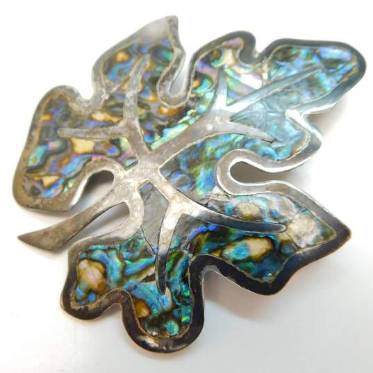 (G) Mexico 925 Abalone Shell Inlay Leaf Pendant Brooch 7.8g image number 1