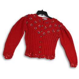 Deans Womens Red Knitted Embroidered Button Front Cardigan Sweater Size S