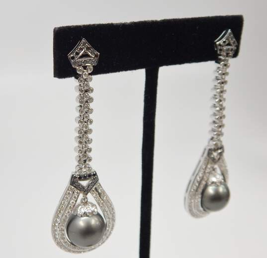 18K White Gold 3.73 CTTW Black & White Diamond Tahitian Pearl Statement Earrings 22.7g image number 4