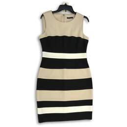 Womens Beige White Black Striped Sleeveless Back-Zip Sheath Dress Size 8