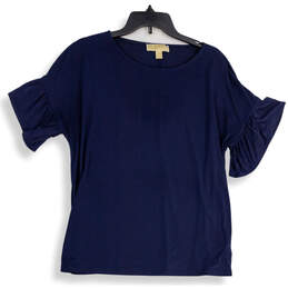 Womens Blue Round Neck Short Sleeve Pullover Blouse Top Size L