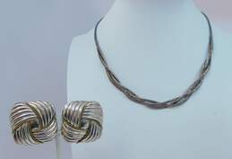 Taxco & Artisan 925 & Brass Stamped Braided Omega Chain Necklace & Modernist Rope Ridged Puffed Square Chunky Clip On Earrings 45.2g