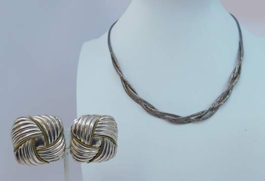 Taxco & Artisan 925 & Brass Stamped Braided Omega Chain Necklace & Modernist Rope Ridged Puffed Square Chunky Clip On Earrings 45.2g image number 1