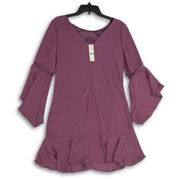 NWT Womens Purple V-Neck Bell Sleeve Peplum Hem Mini Dress Size 6