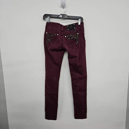 Denim Burgundy Rhinestone Skinny Jeans image number 2