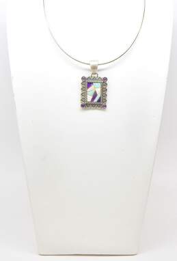Carolyn Pollack 925 Amethyst & Mother Of Pearl Geometric Etched Pendant Necklace 36g