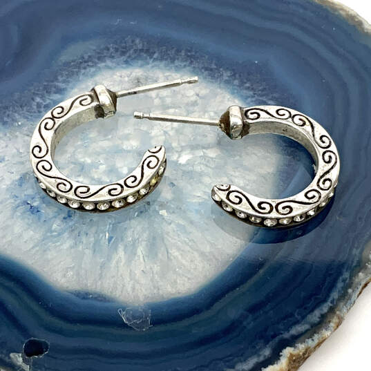 Designer Brighton Silver-Tone Rhinestone Etched Half Circle Hoop Earrings image number 3