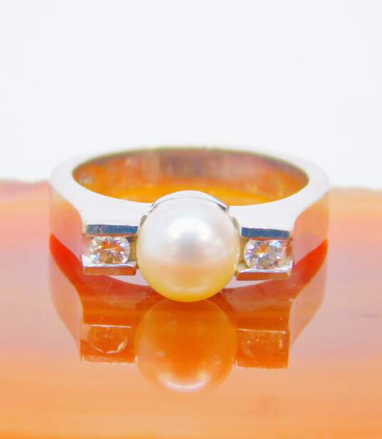 14K White Gold Pearl 0.22 CTTW Diamond Side Stones Ring 5.7g image number 3