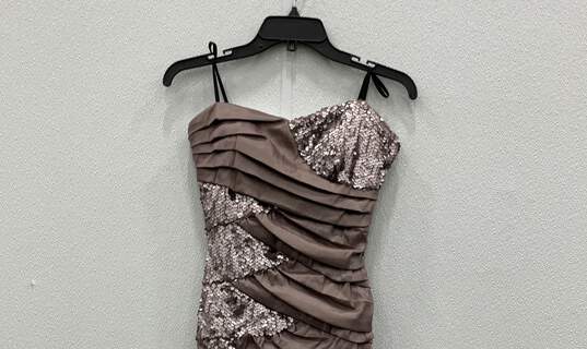 Womens Brown Shimmery Sequin Pleated Strapless Back Zip Mini Dress Size 9 image number 3