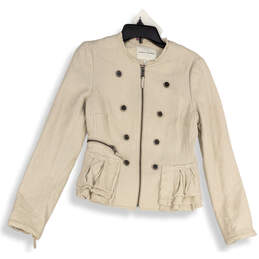 Womens Gray Long Sleeve Collarless Ruffle Full-Zip Jacket Size 4