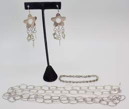 Artisan 925 Open Ovals Chain Necklace Flower Dangles Drop Earrings & Puffed Hearts Linked Bracelet 48.4g