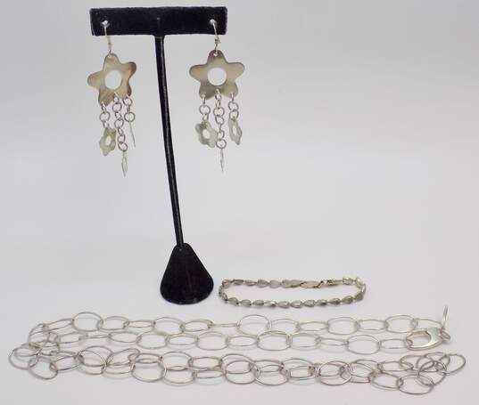 Artisan 925 Open Ovals Chain Necklace Flower Dangles Drop Earrings & Puffed Hearts Linked Bracelet 48.4g image number 1