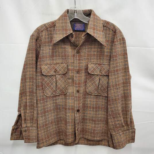 VTG Pendleton MN's 100% Virgin Wool Brown Plaid Button Long Sleeve Shirt Size M image number 1