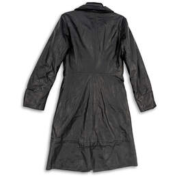 Mens Black Leather Long Sleeve Collared Pockets Trench Coat Size Medium alternative image