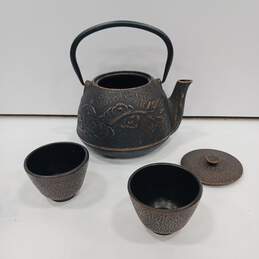 Bronze-Embossed Cast Iron Teapot & Cups Set