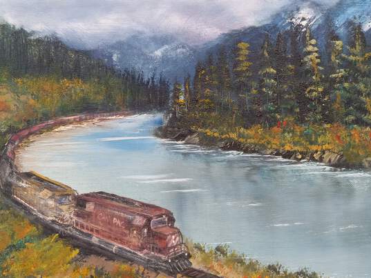 Painting of Train & Mountain Scene In Frame w/ Another Painting On The Back image number 3