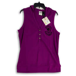 NWT Womens Purple V-Neck Sleeveless Button Detail Hooded T-Shirt Size 2W