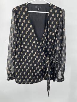 Womens Black Gray Gold Paisley Side Tie Wrap Blouse Top Size 0X T-0528898-D