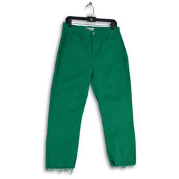 Womens Green Denim Medium Wash Patch Pocket Raw Hem Cropped Jeans Size 12