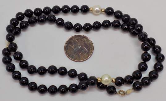 Romantic 14K Yellow Gold Pearl & Onyx Beaded Necklace 21.8g image number 2