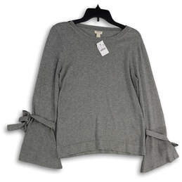 NWT Womens Gray Knitted Round Neck Tie Bell Sleeve Pullover Sweater Size S