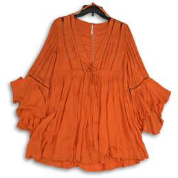 Free People Womens Orange V-Neck Bell Sleeve Tunic Blouse Top Size Medium