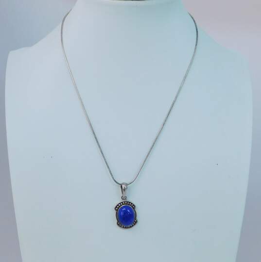 Artisan 925 Lapis Lazuli Granulated Pendant & Oval Bead Station Necklaces & Cabochon Stamped Dome Clip On Earrings 22g image number 2