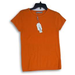 NWT Cashmere Womens Orange Ribbed Short Sleeve Round Neck Pullover T-Shirt Sz S