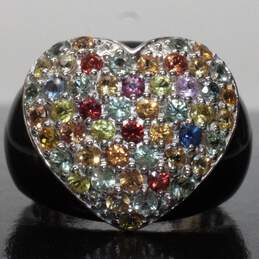 Shivam Signed Sterling Silver Black Onyx Multi-Stone Accent Heart Ring Size 6.75 - 9.77g alternative image