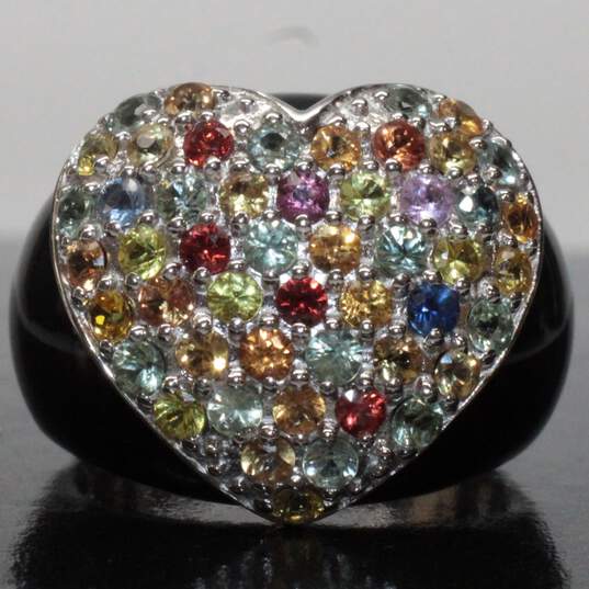 Shivam Signed Sterling Silver Black Onyx Multi-Stone Accent Heart Ring Size 6.75 - 9.77g image number 2