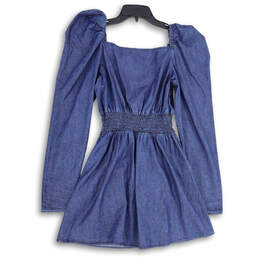 NWT Womens Blue Square Neck Smocked Long Sleeve Mini Dress Size Small alternative image