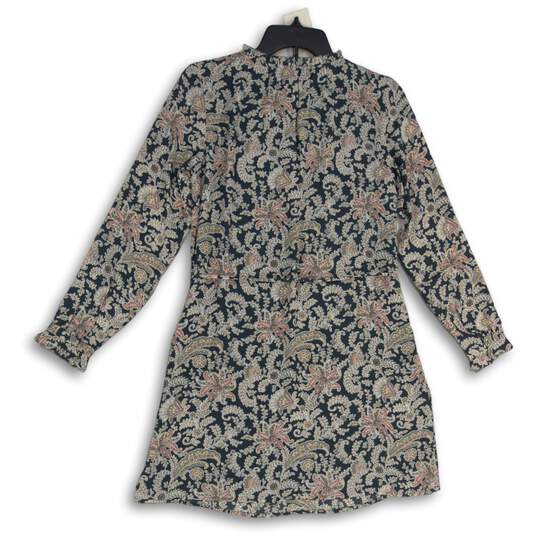 NWT Womens Gray Floral Long Sleeve Split Neck Tie Waist Shift Dress Size XSP image number 2