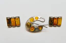 Artisan 925 Multi Color Amber Rectangle Post Earrings & Cabochons Paint Brushes & Pallet Brooch 11g