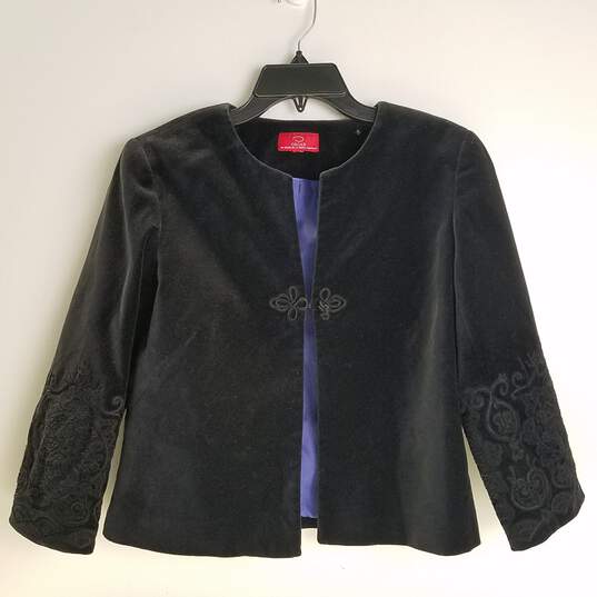 Womens Black Velvet Embroidered 3/4 Sleeve Casual Jacket Size X-Large image number 1