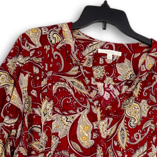 Womens Red Paisley Pleated Split Neck 3/4 Sleeve Blouse Top Size 1X image number 3