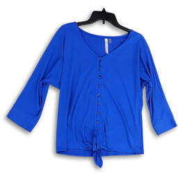 NWT Womens Blue V-Neck 3/4 Sleeve Knot Hem Button-Up Blouse Top Size Large
