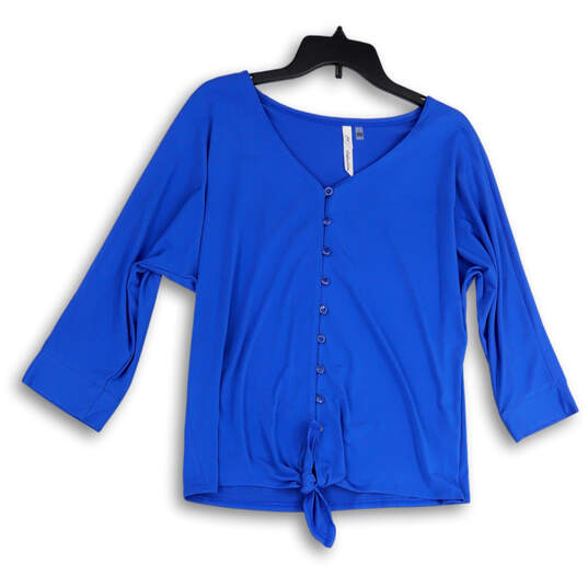 NWT Womens Blue V-Neck 3/4 Sleeve Knot Hem Button-Up Blouse Top Size Large image number 1