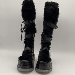 NWT Womens Black Faux Leather Fur Platform Heel Knee High Snow Boots Sz 10