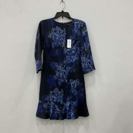 NWT Womens Blue Floral Crew Neck 3/4 Sleeve Peplum Fit And Flare Dress 2