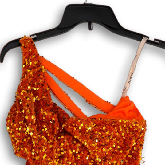 NWT Womens Orange Sequin One Shoulder Back Zip Short Bodycon Dress Size 2 image number 3