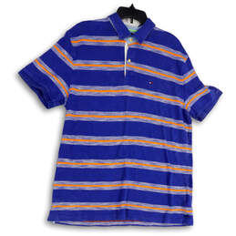 Mens Multicolor Striped Short Sleeve Spread Collar Polo Short Size X-Large