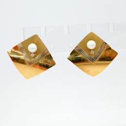 14K Yellow Gold Pearl Diamond Accent Ridged Square Earrings 3.1g alternative image