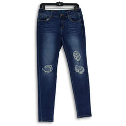 Womens Blue Denim Medium Wash 5-Pocket Design Distressed Skinny Jeans Sz 28