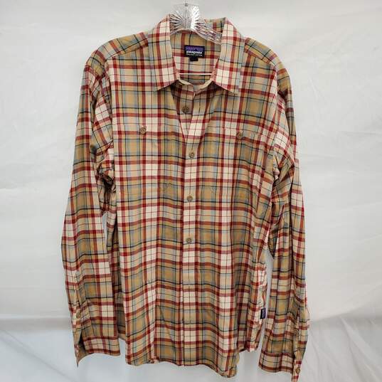 Patagonia Organic Cotton MN's Plaid Long Sleeve Brown & Red Shirt Size M image number 1